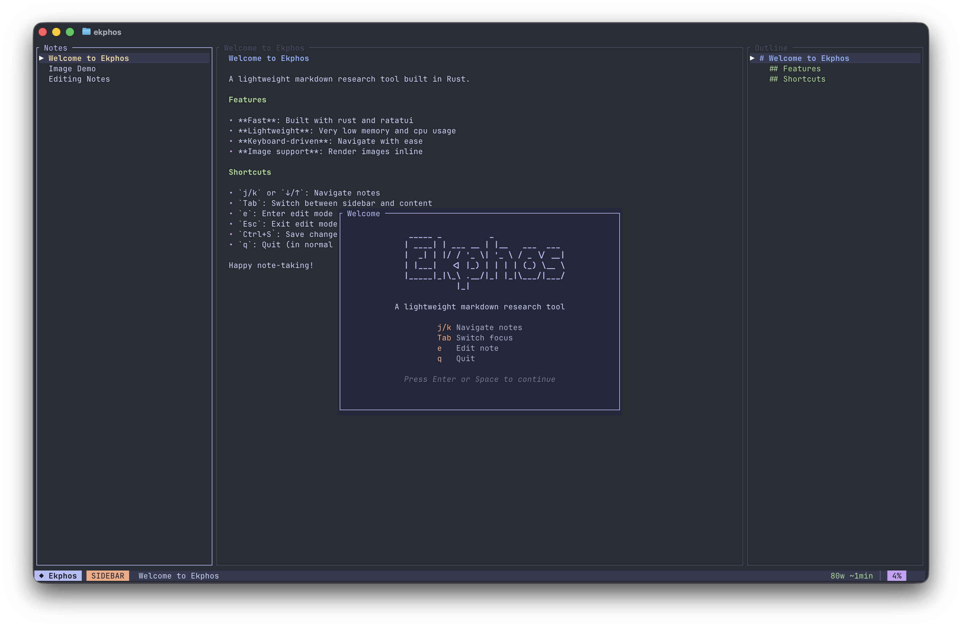 Ekphos TUI screenshot showing three-pane layout with notes sidebar, content view, and outline panel